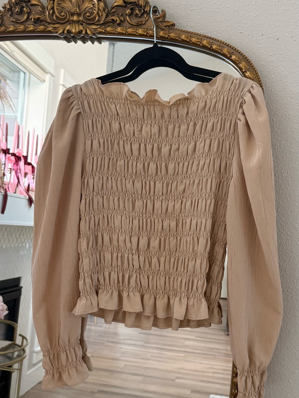 H&M Beige Smocked Peplum Long-Sleeve Top